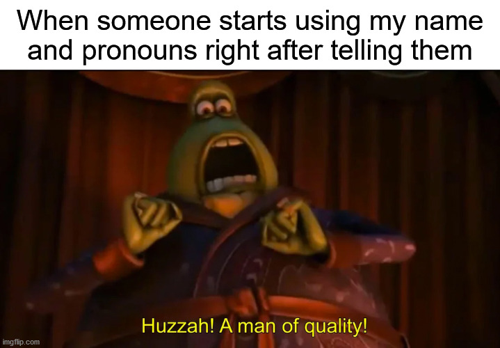A person of quality! | When someone starts using my name and pronouns right after telling them | image tagged in huzzah a man of quality,lgbtq,trans,gender | made w/ Imgflip meme maker
