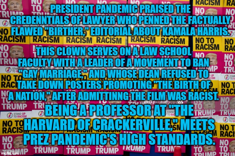 Once A "Birther," Always A "Birther." | PRESIDENT PANDEMIC PRAISED THE CREDENNTIALS OF LAWYER WHO PENNED THE FACTUALLY FLAWED "BIRTHER," EDITORIAL ABOUT KAMALA HARRIS. THIS CLOWN SERVES ON A LAW SCHOOL FACULTY WITH A LEADER OF A MOVEMENT TO BAN "GAY MARRIAGE," AND WHOSE DEAN REFUSED TO TAKE DOWN POSTERS PROMOTING "THE BIRTH OF A NATION," AFTER ADMITTINNG THE FILM WAS RACIST. BEING A PROFESSOR AT "THE HARVARD OF CRACKERVILLE," MEETS PREZ PANDEMIC'S HIGH STANDARDS. | image tagged in politics | made w/ Imgflip meme maker