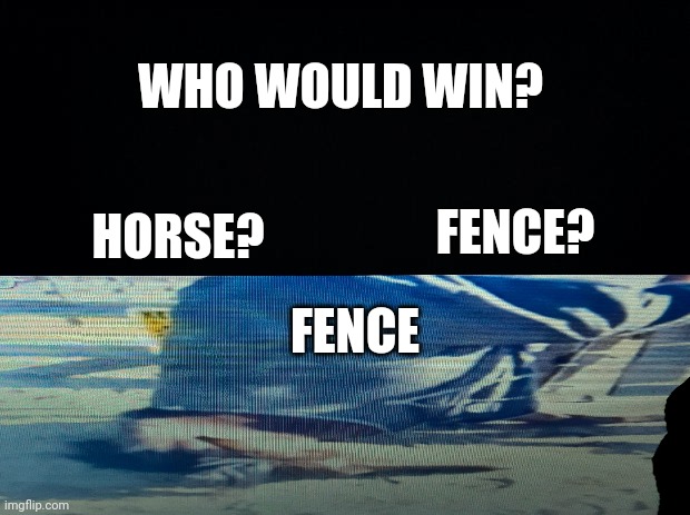 Black background | WHO WOULD WIN? HORSE? FENCE? FENCE | image tagged in black background,funny | made w/ Imgflip meme maker