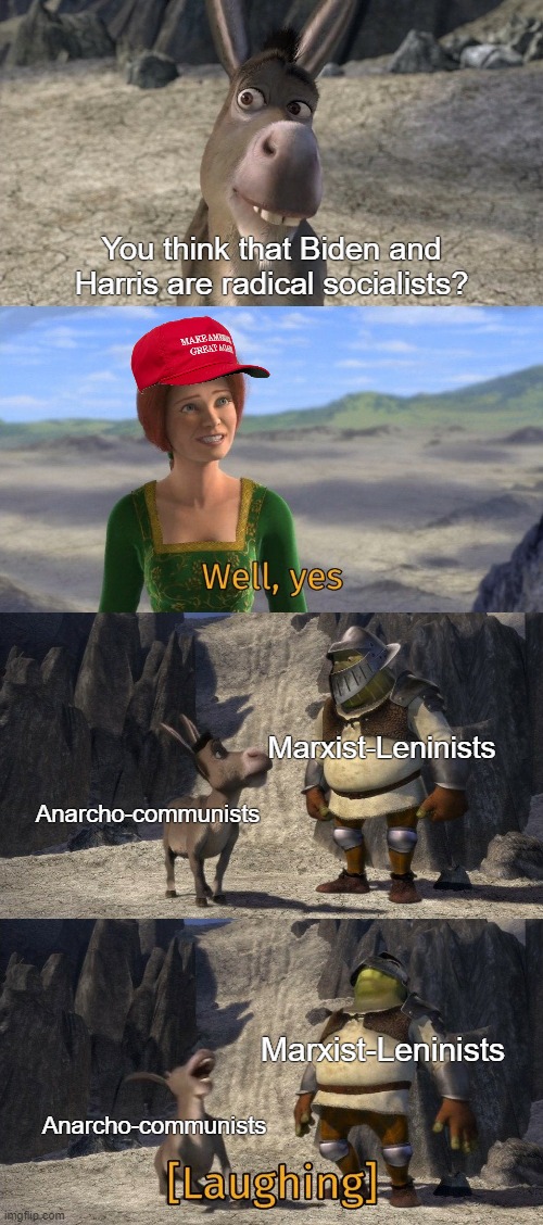 What a joke | You think that Biden and Harris are radical socialists? Marxist-Leninists; Anarcho-communists; Marxist-Leninists; Anarcho-communists | image tagged in shrek and donkey laughing at fiona,joe biden,kamala harris,trump supporters,republicans,socialism | made w/ Imgflip meme maker