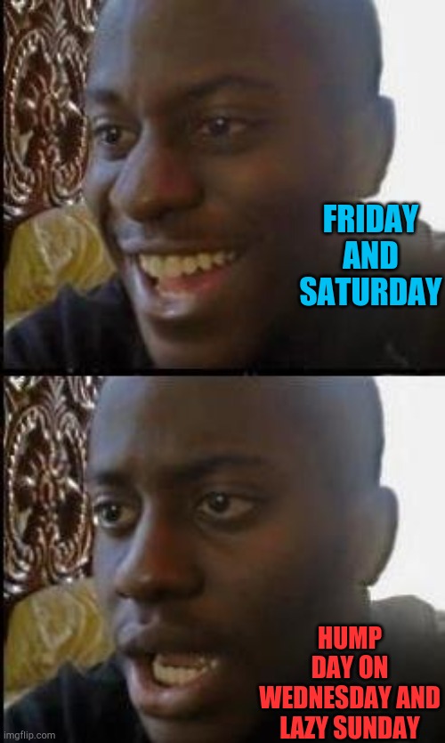 Disappointed Black Guy | FRIDAY AND SATURDAY; HUMP DAY ON WEDNESDAY AND LAZY SUNDAY | image tagged in disappointed black guy,hump day,sunday,friday,saturday | made w/ Imgflip meme maker
