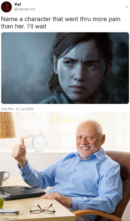 image tagged in hide the pain harold,name a character that went thru more pain than her i'll wait | made w/ Imgflip meme maker