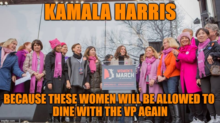 Dining With The VP | KAMALA HARRIS; BECAUSE THESE WOMEN WILL BE ALLOWED TO 
DINE WITH THE VP AGAIN | image tagged in kamala harris | made w/ Imgflip meme maker