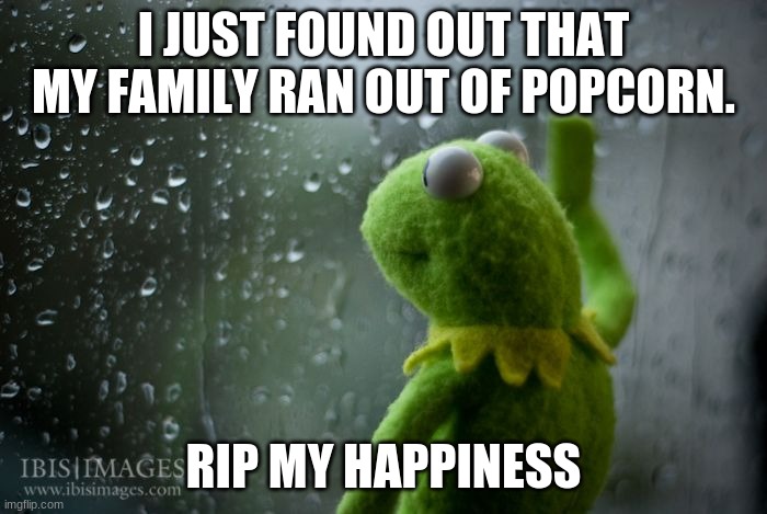 But seriously I'm so depressed right now | I JUST FOUND OUT THAT MY FAMILY RAN OUT OF POPCORN. RIP MY HAPPINESS | image tagged in kermit window | made w/ Imgflip meme maker