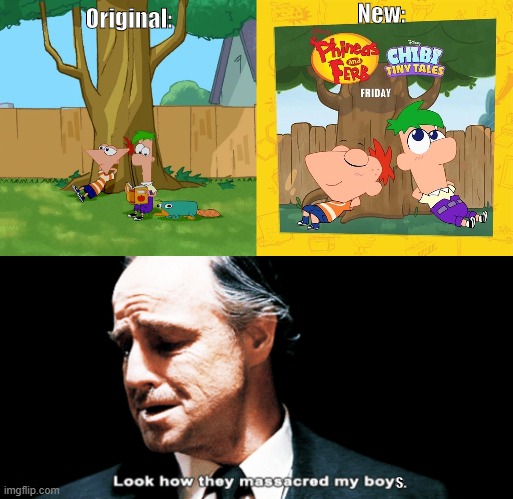 What is wrong with Disney?!? | New:; Original:; s. | image tagged in look how they massacred my boy,phineas and ferb | made w/ Imgflip meme maker