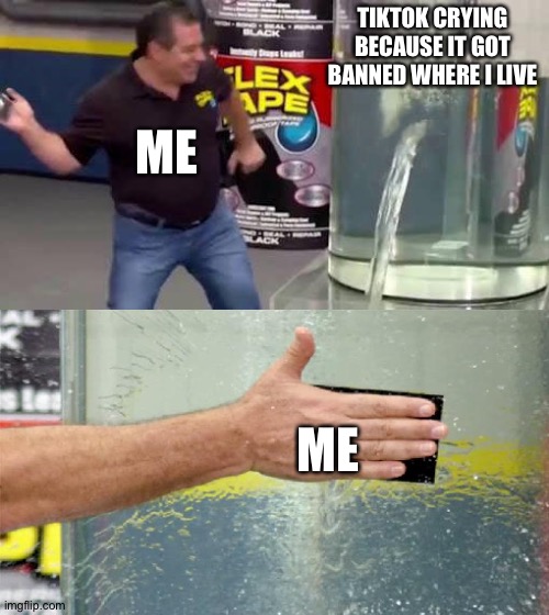 Flex Tape | TIKTOK CRYING BECAUSE IT GOT BANNED WHERE I LIVE; ME; ME | image tagged in flex tape | made w/ Imgflip meme maker