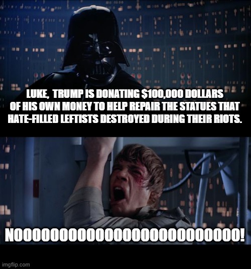 Could ANYONE imagine Barack Obama doing something like this? | LUKE,  TRUMP IS DONATING $100,000 DOLLARS OF HIS OWN MONEY TO HELP REPAIR THE STATUES THAT HATE-FILLED LEFTISTS DESTROYED DURING THEIR RIOTS. NOOOOOOOOOOOOOOOOOOOOOOOOO! | image tagged in memes,star wars no | made w/ Imgflip meme maker