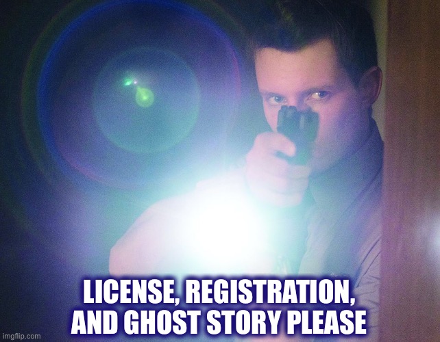 If a cop shines a flashlight in your face, you can legally tell him a ghost story | LICENSE, REGISTRATION, AND GHOST STORY PLEASE | image tagged in police flashlight,ghost story,cop,light,face,memes | made w/ Imgflip meme maker
