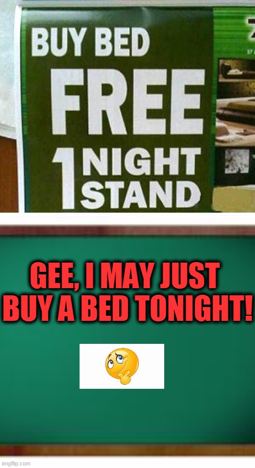Might Buy Two! | GEE, I MAY JUST 
BUY A BED TONIGHT! | image tagged in fun,funny meme,lol so funny,be careful what you wish for,nighty night,sleep tight | made w/ Imgflip meme maker