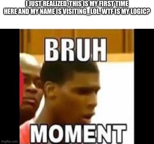 A bruh moment indeed | I JUST REALIZED, THIS IS MY FIRST TIME HERE AND MY NAME IS VISITING_LOL. WTF IS MY LOGIC? | image tagged in bruh moment | made w/ Imgflip meme maker