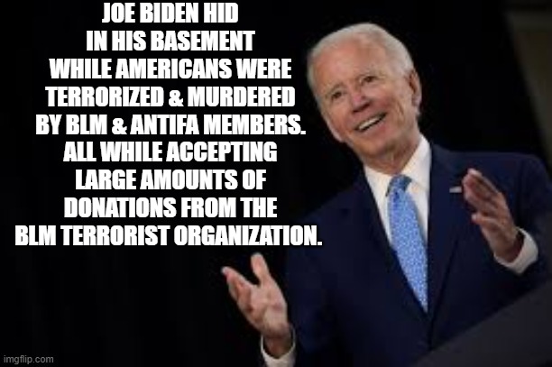 Hiding Biden | JOE BIDEN HID IN HIS BASEMENT WHILE AMERICANS WERE TERRORIZED & MURDERED BY BLM & ANTIFA MEMBERS.
ALL WHILE ACCEPTING LARGE AMOUNTS OF DONATIONS FROM THE BLM TERRORIST ORGANIZATION. | image tagged in joe biden,hiding biden,riots of 2020,protests,trump 2020 | made w/ Imgflip meme maker