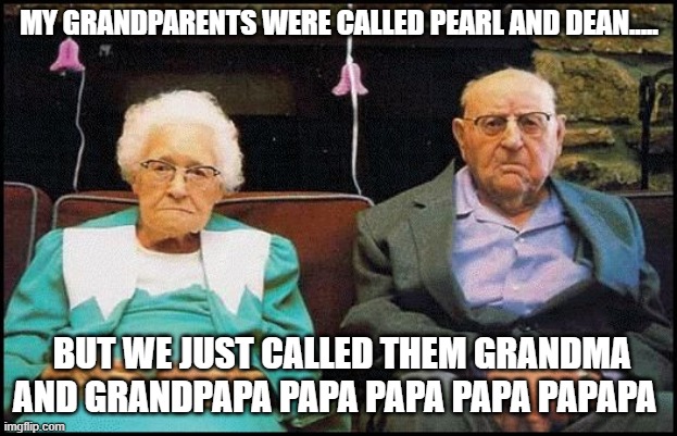 grumpy old couple | MY GRANDPARENTS WERE CALLED PEARL AND DEAN..... BUT WE JUST CALLED THEM GRANDMA AND GRANDPAPA PAPA PAPA PAPA PAPAPA | image tagged in grumpy old couple | made w/ Imgflip meme maker