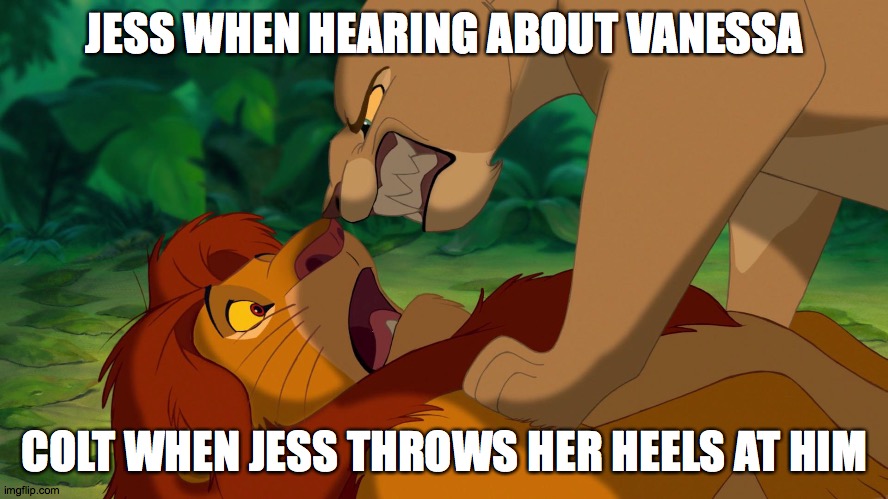 Colt and Jess After Debbie Brings Up Vanessa | JESS WHEN HEARING ABOUT VANESSA; COLT WHEN JESS THROWS HER HEELS AT HIM | image tagged in 90 day fiance,relationships,lion king | made w/ Imgflip meme maker