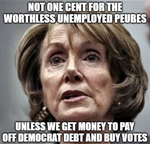 At least she's being honest about how she feels | NOT ONE CENT FOR THE
WORTHLESS UNEMPLOYED PEUBES; UNLESS WE GET MONEY TO PAY OFF DEMOCRAT DEBT AND BUY VOTES | image tagged in politics,pelosi,funny,memes,fun,2020 | made w/ Imgflip meme maker