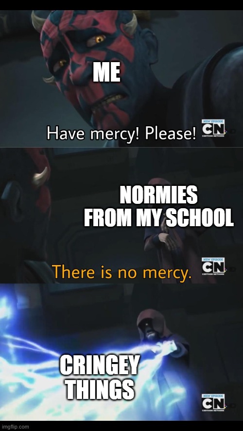 Yup this is school bois and girls | ME; NORMIES FROM MY SCHOOL; CRINGEY THINGS | image tagged in no mercy,normies | made w/ Imgflip meme maker