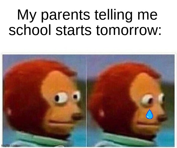 skool sucks | My parents telling me school starts tomorrow: | image tagged in memes,monkey puppet | made w/ Imgflip meme maker
