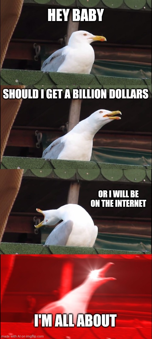Inhaling Seagull Meme | HEY BABY; SHOULD I GET A BILLION DOLLARS; OR I WILL BE ON THE INTERNET; I'M ALL ABOUT | image tagged in memes,inhaling seagull | made w/ Imgflip meme maker