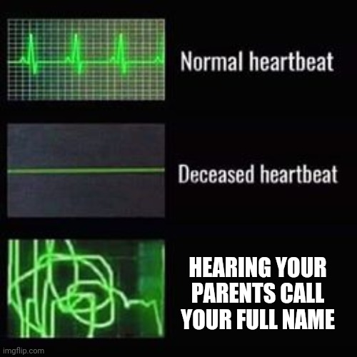 My time has come... | HEARING YOUR PARENTS CALL YOUR FULL NAME | image tagged in heartbeat rate | made w/ Imgflip meme maker