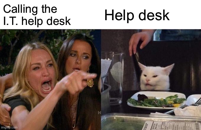 Woman Yelling At Cat Meme | Calling the I.T. help desk; Help desk | image tagged in memes,woman yelling at cat | made w/ Imgflip meme maker