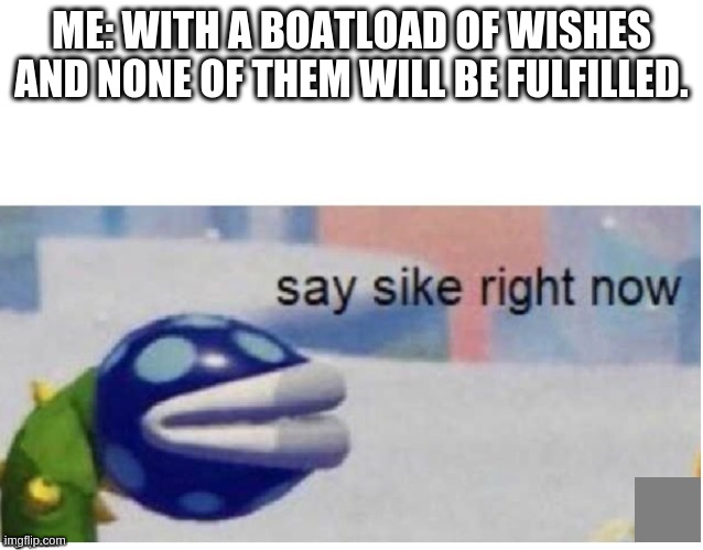 say sike right now | ME: WITH A BOATLOAD OF WISHES AND NONE OF THEM WILL BE FULFILLED. | image tagged in say sike right now | made w/ Imgflip meme maker