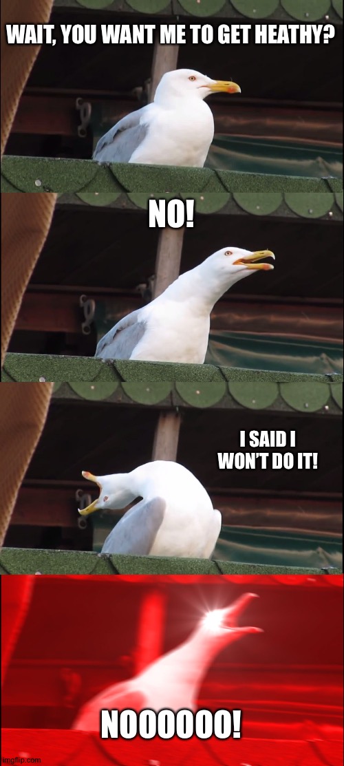 Inhaling Seagull Meme | WAIT, YOU WANT ME TO GET HEATHY? NO! I SAID I WON’T DO IT! NOOOOOO! | image tagged in memes,inhaling seagull | made w/ Imgflip meme maker