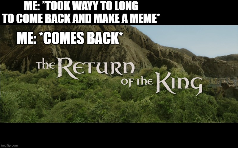RETURN OF THE KING? | ME: *TOOK WAYY TO LONG TO COME BACK AND MAKE A MEME*; ME: *COMES BACK* | image tagged in return of the king | made w/ Imgflip meme maker