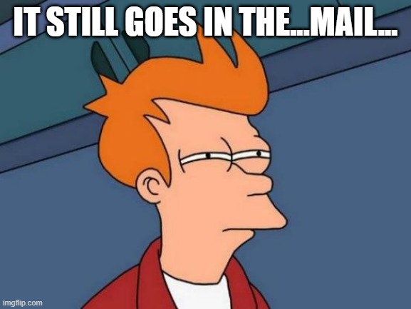 Futurama Fry Meme | IT STILL GOES IN THE...MAIL... | image tagged in memes,futurama fry | made w/ Imgflip meme maker