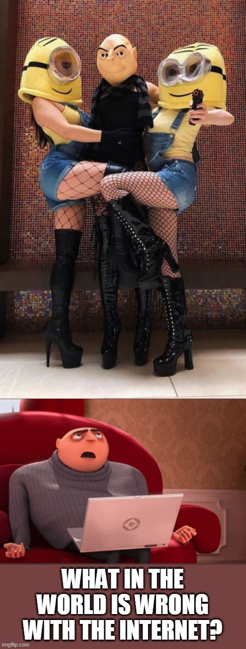 NOT SURE WHAT I'M LOOKING AT | WHAT IN THE WORLD IS WRONG WITH THE INTERNET? | image tagged in memes,cosplay,cosplay fail,gru meme,gru,despicable me | made w/ Imgflip meme maker