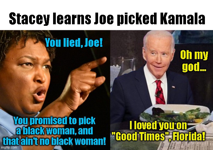 When she heard the news | Stacey learns Joe picked Kamala; You lied, Joe! Oh my god... You promised to pick a black woman, and that ain't no black woman! I loved you on "Good Times", Florida! | image tagged in joe biden,stacey abrams,kamala harris,political humor,woman yelling at cat | made w/ Imgflip meme maker