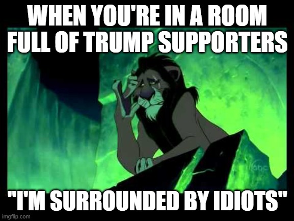i'm surrounded by idiots! | WHEN YOU'RE IN A ROOM FULL OF TRUMP SUPPORTERS; "I'M SURROUNDED BY IDIOTS" | image tagged in i'm surrounded by idiots,donald trump,trump supporters,idiots | made w/ Imgflip meme maker