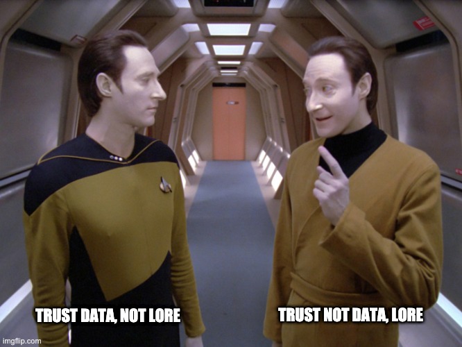 data lore | TRUST NOT DATA, LORE; TRUST DATA, NOT LORE | image tagged in data lore | made w/ Imgflip meme maker
