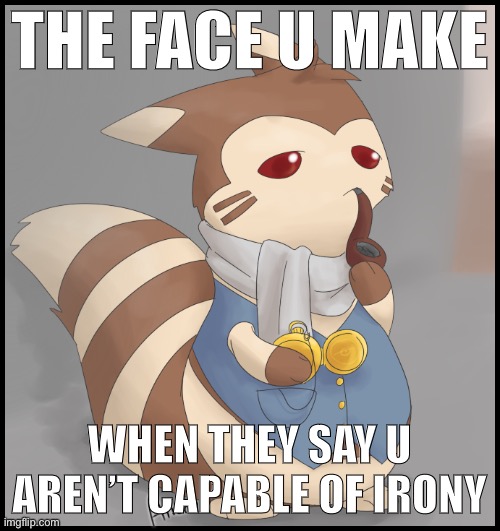 Allegation: I don’t recognize let alone practice irony. Survey says? | THE FACE U MAKE; WHEN THEY SAY U AREN’T CAPABLE OF IRONY | image tagged in fancy furret,the face you make,the face you make when,irony,the daily struggle imgflip edition,first world imgflip problems | made w/ Imgflip meme maker