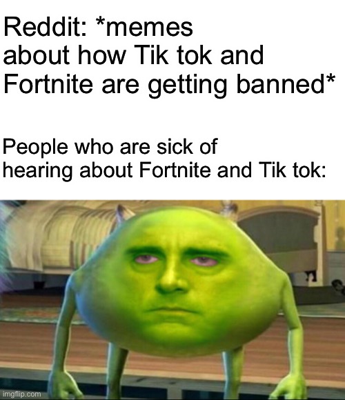 Another meme about reddit | Reddit: *memes about how Tik tok and Fortnite are getting banned*; People who are sick of hearing about Fortnite and Tik tok: | image tagged in mike wazowski but hes high | made w/ Imgflip meme maker