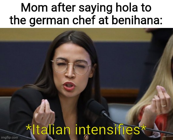 Can't get those cultures right | Mom after saying hola to the german chef at benihana:; *Italian intensifies* | image tagged in aoc thinks she's italian,memes,funny,mom | made w/ Imgflip meme maker