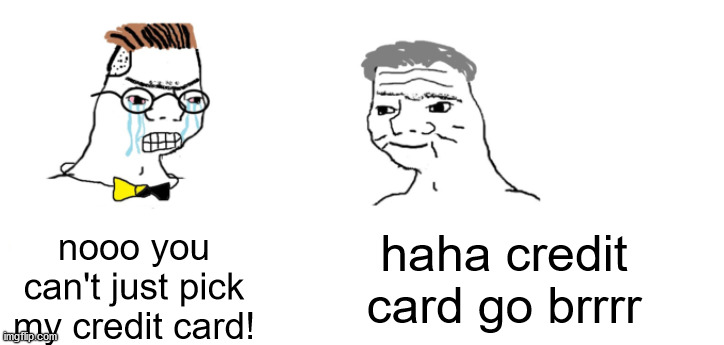 nooo haha go brrr | haha credit card go brrrr nooo you can't just pick my credit card! | image tagged in nooo haha go brrr | made w/ Imgflip meme maker