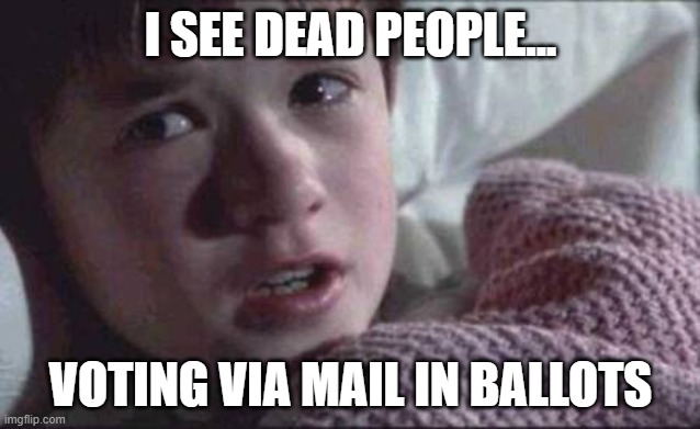 I See Dead People Meme | I SEE DEAD PEOPLE... VOTING VIA MAIL IN BALLOTS | image tagged in memes,i see dead people | made w/ Imgflip meme maker