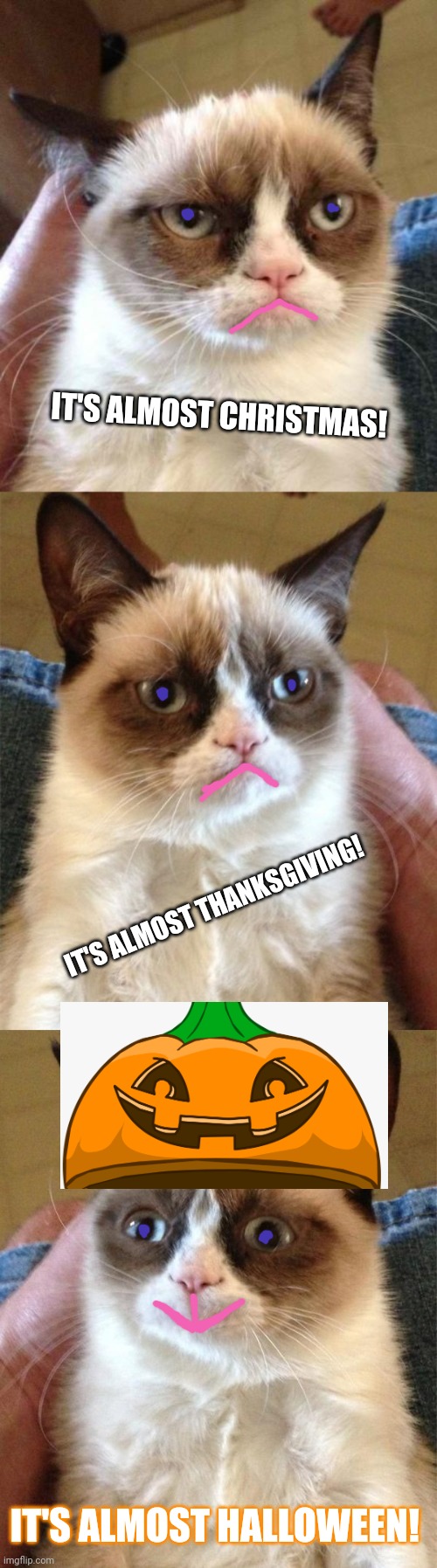 Grumpy cat hates most holidays | IT'S ALMOST CHRISTMAS! IT'S ALMOST THANKSGIVING! IT'S ALMOST HALLOWEEN! | image tagged in memes,grumpy cat reverse,grumpy cat,grumpy cat happy | made w/ Imgflip meme maker