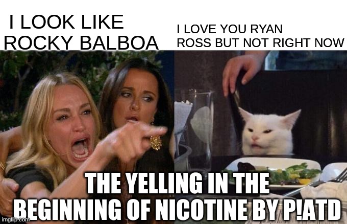 Only P!ATD fans get this | I LOOK LIKE ROCKY BALBOA; I LOVE YOU RYAN ROSS BUT NOT RIGHT NOW; THE YELLING IN THE BEGINNING OF NICOTINE BY P!ATD | image tagged in memes,woman yelling at cat | made w/ Imgflip meme maker