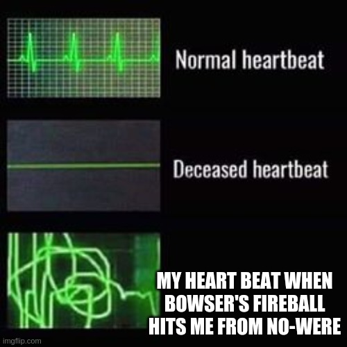 heartbeat rate | MY HEART BEAT WHEN BOWSER'S FIREBALL HITS ME FROM NO-WERE | image tagged in heartbeat rate | made w/ Imgflip meme maker