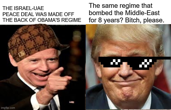 Democrat Rule #5: Always Try to Take Credit for ANYTHING Republicans Do, Especially if It's World-Changing | THE ISRAEL-UAE PEACE DEAL WAS MADE OFF THE BACK OF OBAMA'S REGIME; The same regime that bombed the Middle-East for 8 years? Bitch, please. | image tagged in memes,woman yelling at cat | made w/ Imgflip meme maker