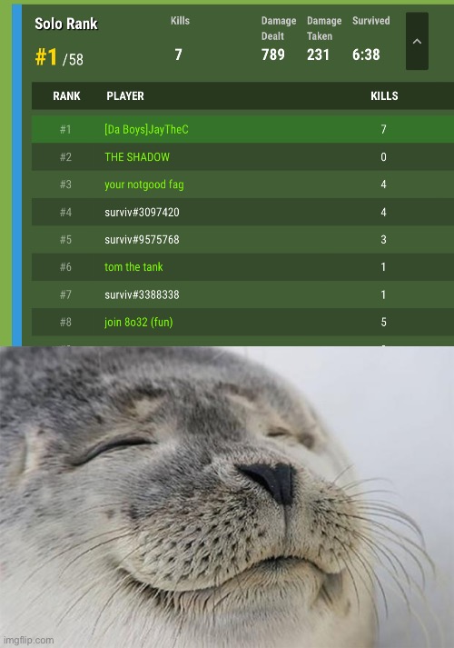My first win! | image tagged in memes,satisfied seal,survivio,surviv | made w/ Imgflip meme maker