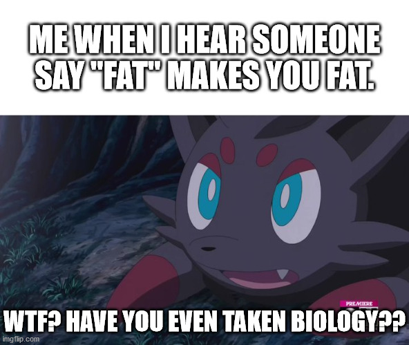 I don't understand why people legitamately think this... | ME WHEN I HEAR SOMEONE SAY "FAT" MAKES YOU FAT. WTF? HAVE YOU EVEN TAKEN BIOLOGY?? | image tagged in zorua wtf,fat,calories | made w/ Imgflip meme maker