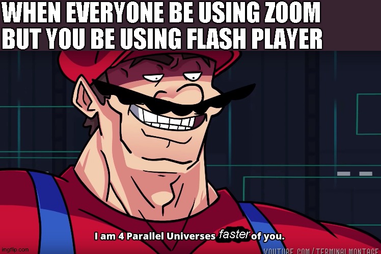 dont got time to edit tha to | WHEN EVERYONE BE USING ZOOM BUT YOU BE USING FLASH PLAYER; faster | image tagged in mario i am four parallel universes ahead of you | made w/ Imgflip meme maker