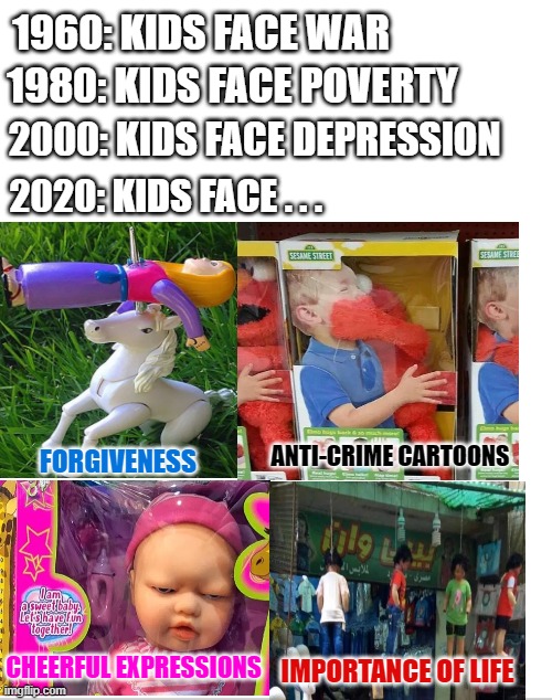 Blank White Template | 1960: KIDS FACE WAR; 1980: KIDS FACE POVERTY; 2000: KIDS FACE DEPRESSION; 2020: KIDS FACE . . . FORGIVENESS; ANTI-CRIME CARTOONS; CHEERFUL EXPRESSIONS; IMPORTANCE OF LIFE | image tagged in blank white template,funny memes,memes,sarcasm,bullshit | made w/ Imgflip meme maker