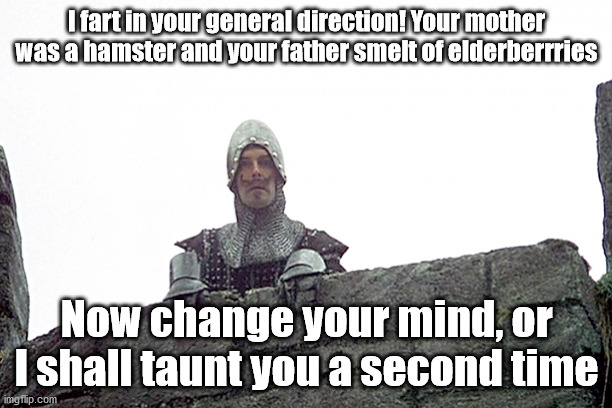 I fart in your general direction | I fart in your general direction! Your mother was a hamster and your father smelt of elderberrries Now change your mind, or I shall taunt yo | image tagged in i fart in your general direction | made w/ Imgflip meme maker