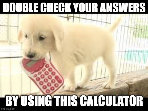 puppy math | DOUBLE CHECK YOUR ANSWERS; BY USING THIS CALCULATOR | image tagged in puppy math | made w/ Imgflip meme maker