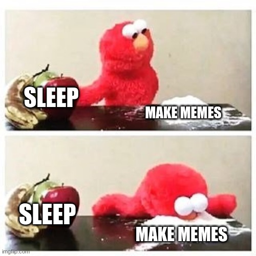 Haha sleep no for me | SLEEP; MAKE MEMES; SLEEP; MAKE MEMES | image tagged in elmo cocaine,sleep is for losers,meep,i dunno,just for fun | made w/ Imgflip meme maker