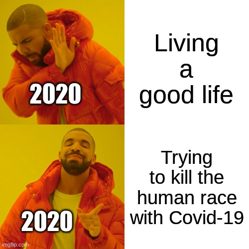 Drake Hotline Bling Meme | Living a good life; 2020; Trying to kill the human race with Covid-19; 2020 | image tagged in memes,drake hotline bling | made w/ Imgflip meme maker