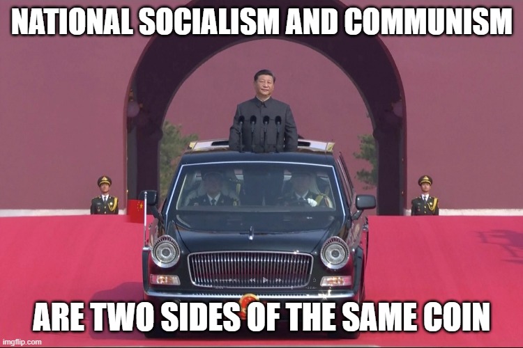 National Socialism and Communism are two sides of the same coin | NATIONAL SOCIALISM AND COMMUNISM; ARE TWO SIDES OF THE SAME COIN | image tagged in dear leader xi jinping | made w/ Imgflip meme maker