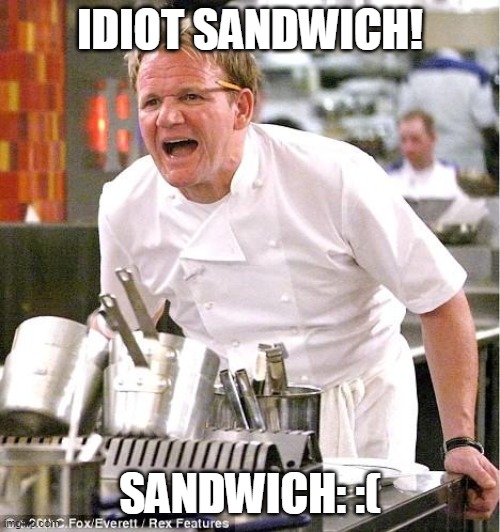 IDIOT SANDWICH! | IDIOT SANDWICH! SANDWICH: :( | image tagged in memes,chef gordon ramsay | made w/ Imgflip meme maker